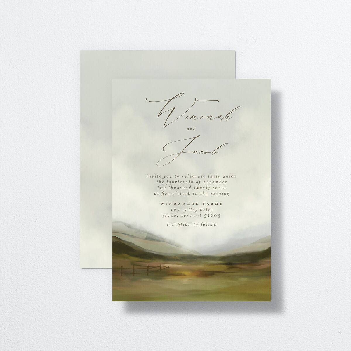 Peaceful Valley Wedding Invitations front-and-back in green