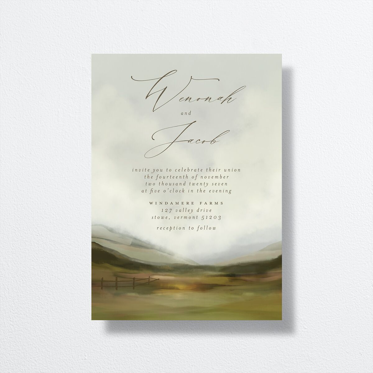 Peaceful Valley Wedding Invitations front in green