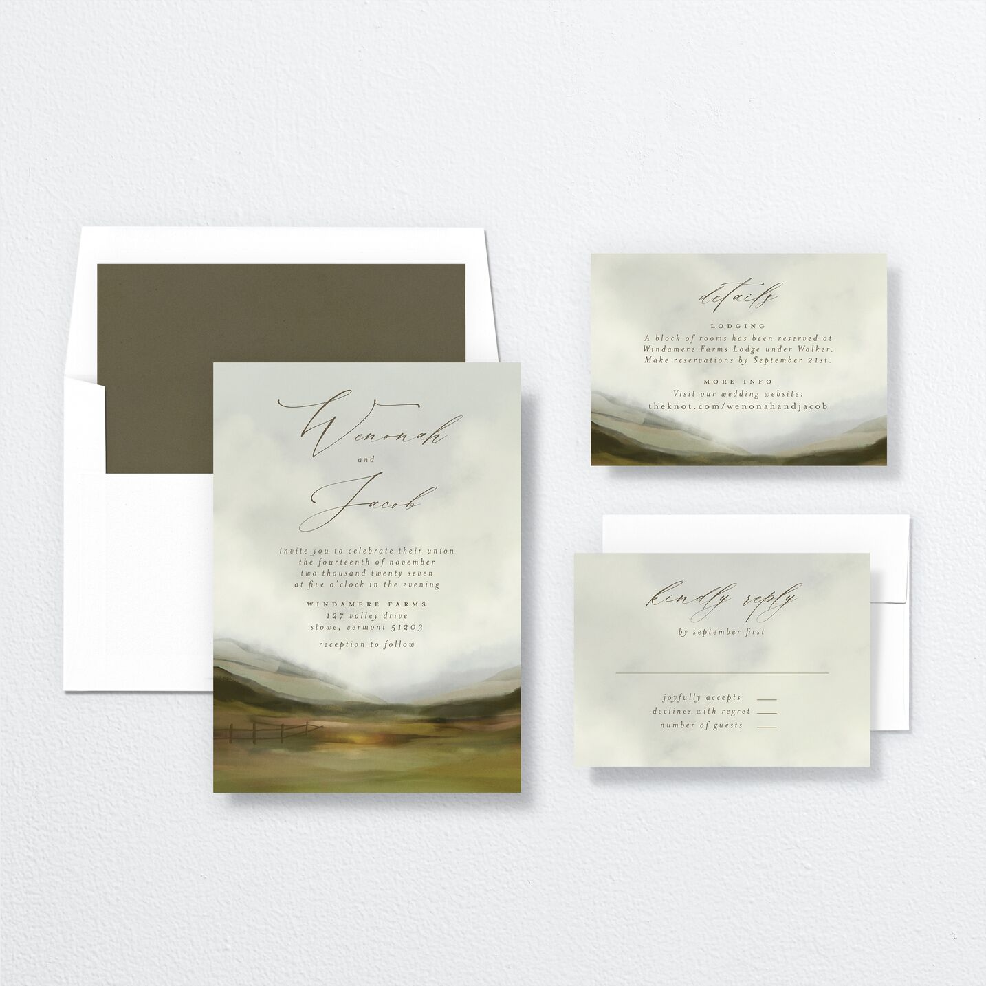 Peaceful Valley Wedding Invitations suite in green