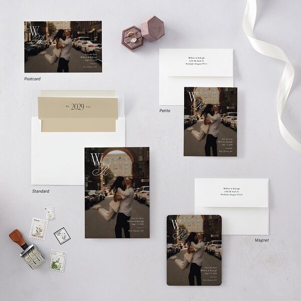 Connected Monogram Save the Date Postcards Cream