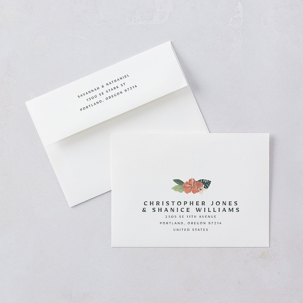 Vintage Hawaiian Island Save The Date Card Envelopes White Eucalyptus Both Recipient and Return Addresses Signature Standard