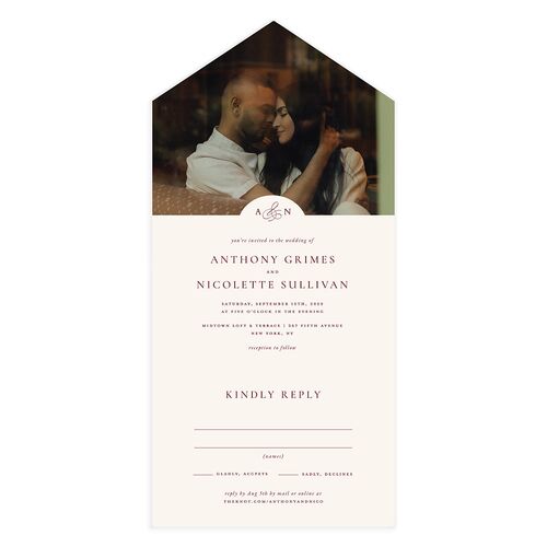 Elegant Photo Monogram All-in-One Wedding Invitations Burgundy Signature Light Both Recipient and Return Addresses No