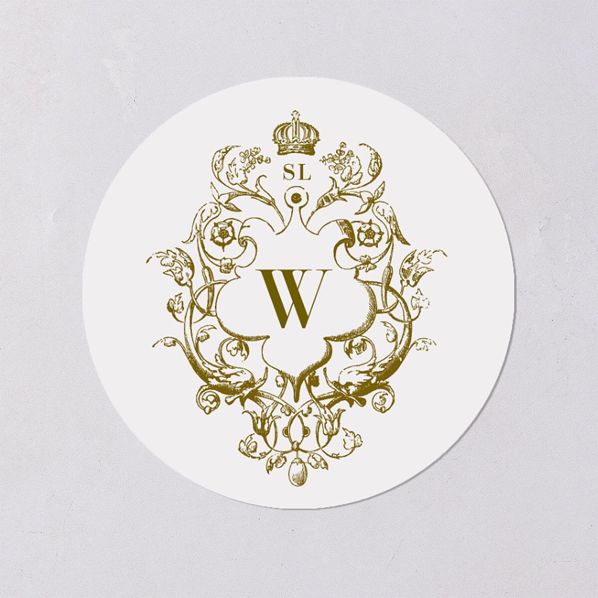 Ornate Vintage Crest Wedding Stickers Umber Circle