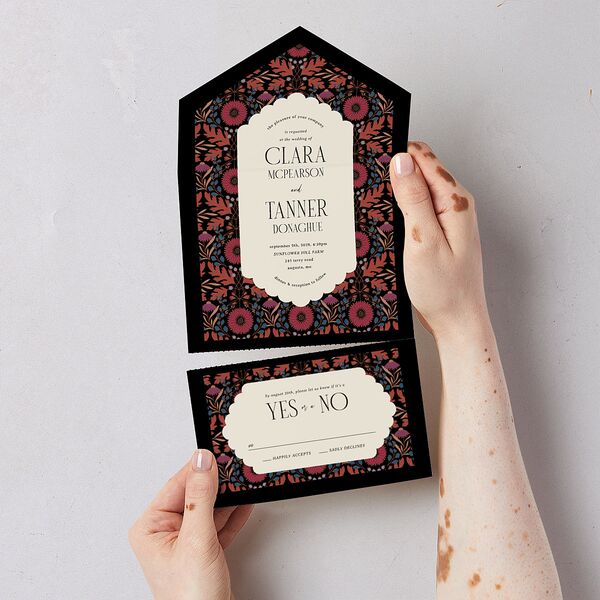 Ornate Garden All-in-One Wedding Invitations Garnet Signature Light Both Recipient and Return Addresses No