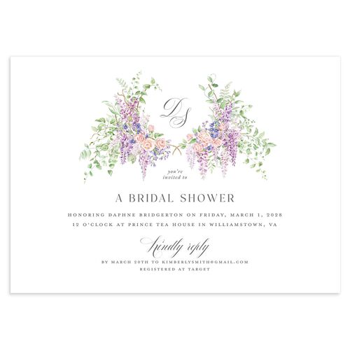 Formal Wisteria Garden Crest Bridal Shower Invitations by Bridgerton Purple Haze Signature Blank Standard