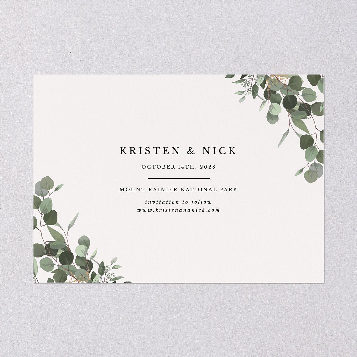 Eucalyptus Frame Foil Save The Date Cards Gold Pure White Signature smooth Blank No Standard