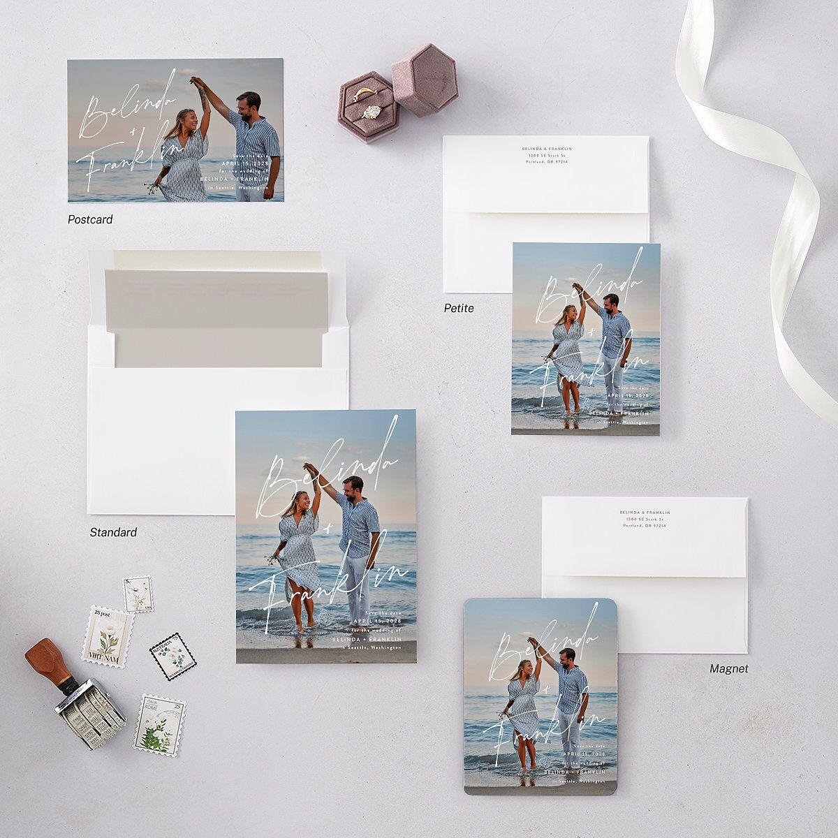 Modern Script Names Save the Date Petite Cards Shadow Gray Signature smooth Blank No Standard
