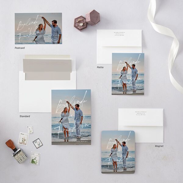 Modern Script Names Save the Date Petite Cards Shadow Gray Signature smooth Blank No Standard
