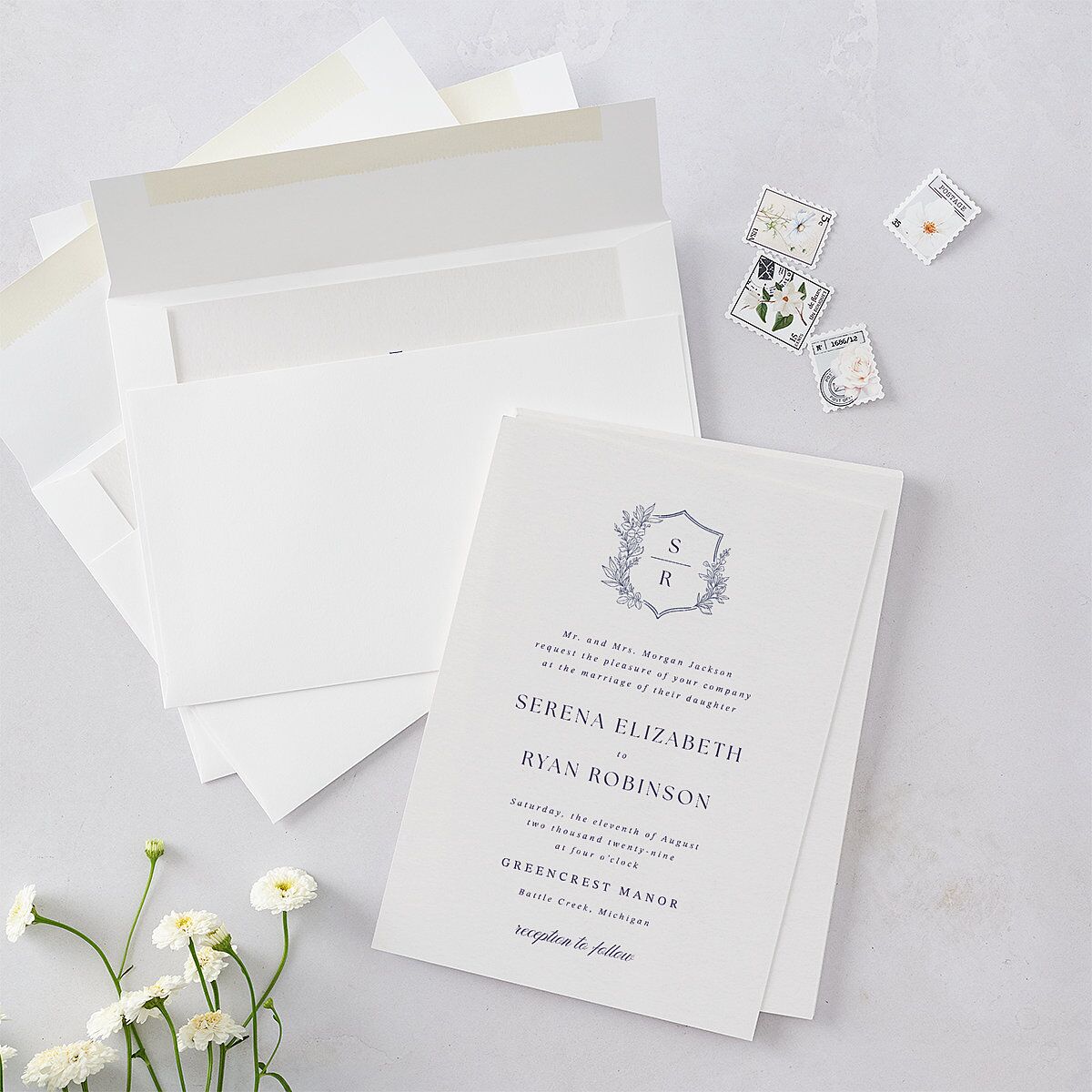 Elegant Garland Crest Wedding Invitations Sapphire Signature Blank No Standard