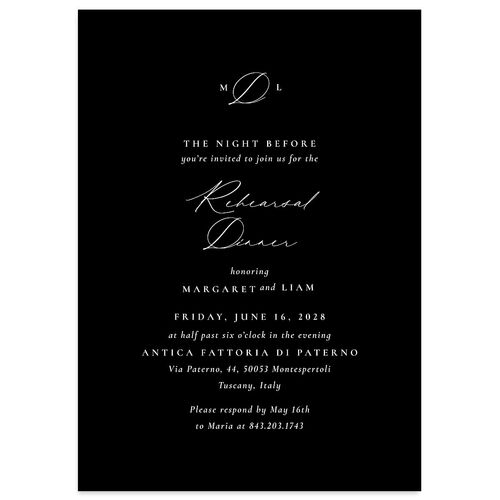 Black Tie Initial Rehearsal Dinner Invitations Licorice Signature Blank Standard