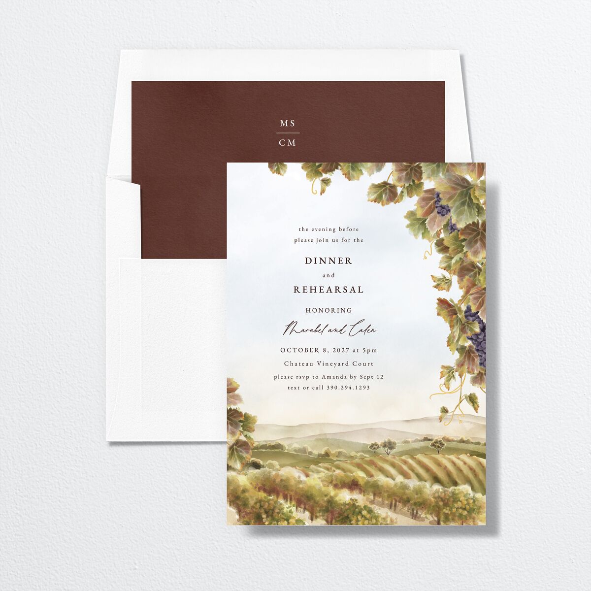Romantic Vineyard Rehearsal Dinner Invitations Rust Signature