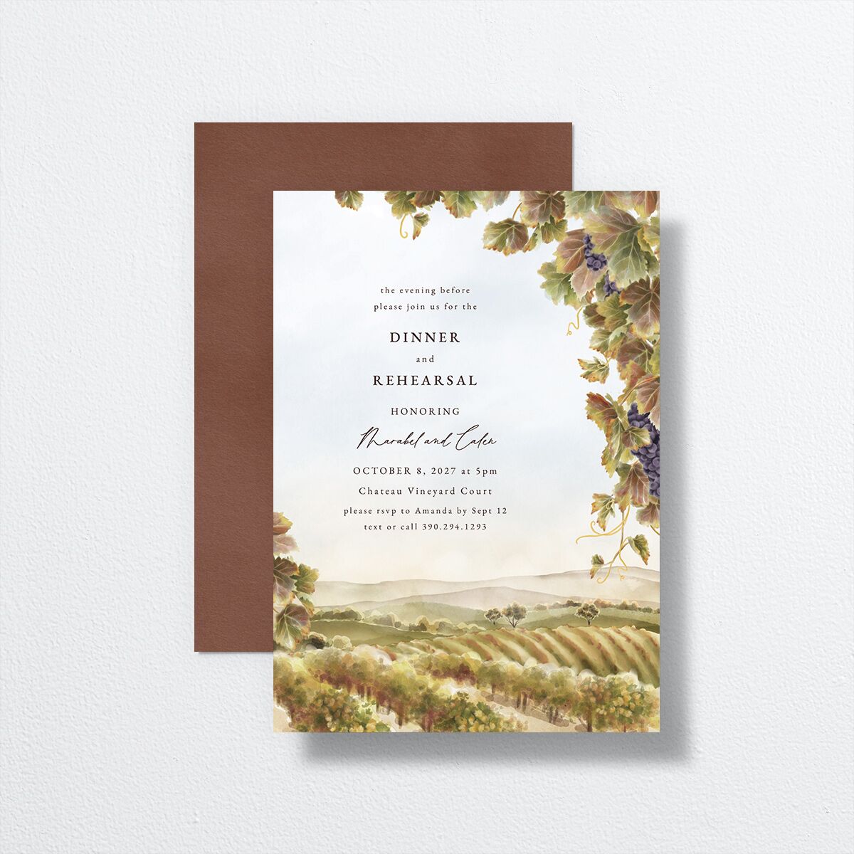 Romantic Vineyard Rehearsal Dinner Invitations Rust Signature
