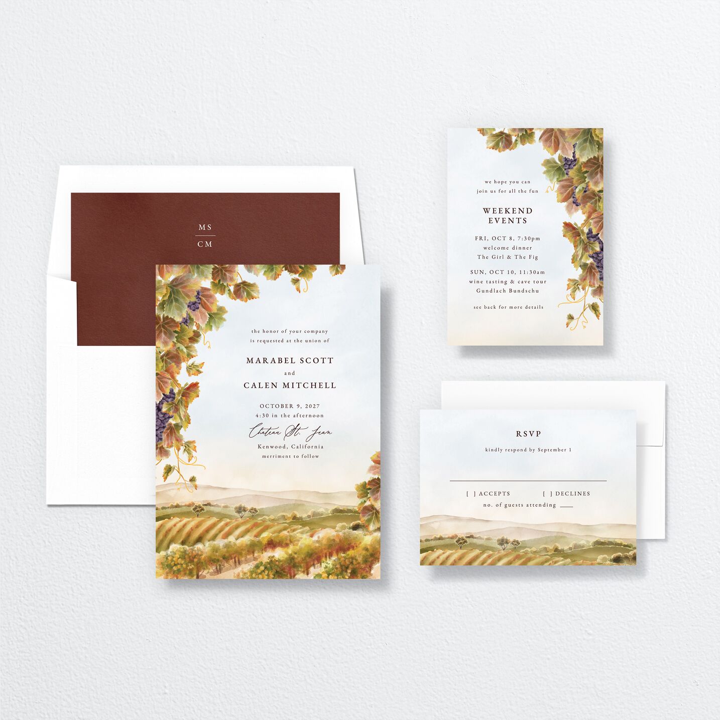 Romantic Vineyard Wedding Invitations suite in orange