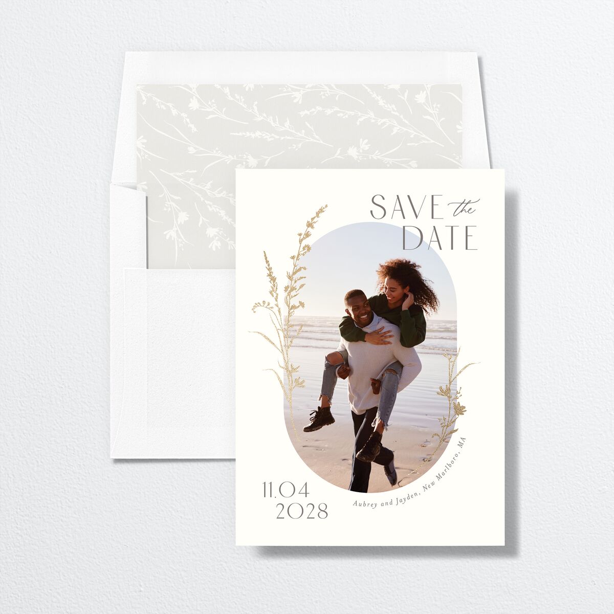 Minimal Wildflower Save the Date Cards Gold Off-White Signature smooth No Standard