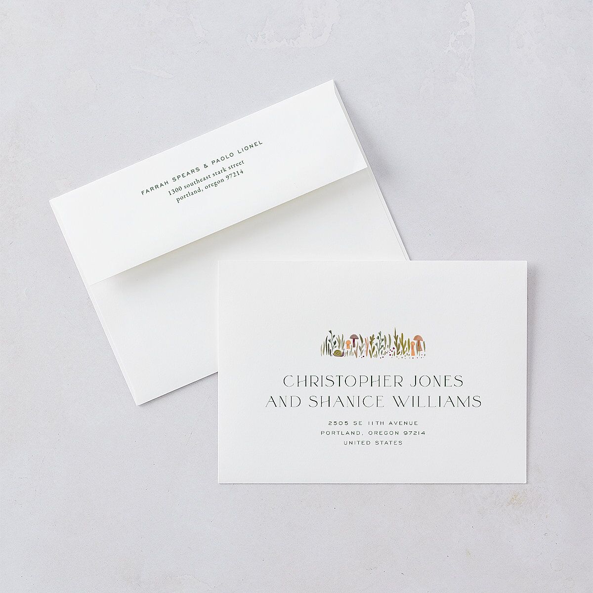 Mushroom Magic Save The Date Card Envelopes White Mauve Both Recipient and Return Addresses Signature Standard