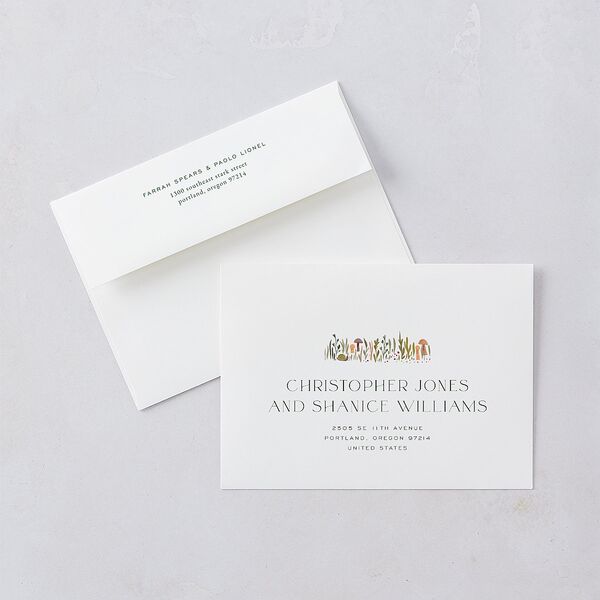 Mushroom Magic Save The Date Card Envelopes White Mauve Both Recipient and Return Addresses Signature Standard