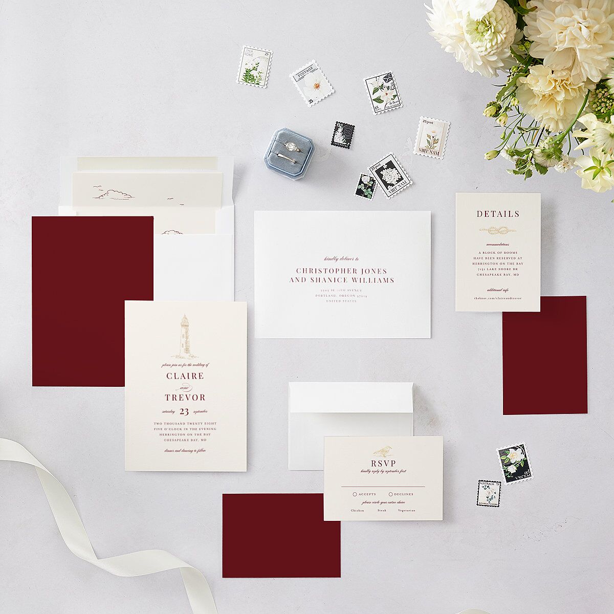 Elegant Lighthouse Foil Wedding Invitations Gold Maroon Signature Blank No Standard