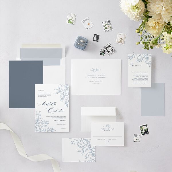 Classic Floral Wedding Invitations Dusty Blue Signature Blank No Standard