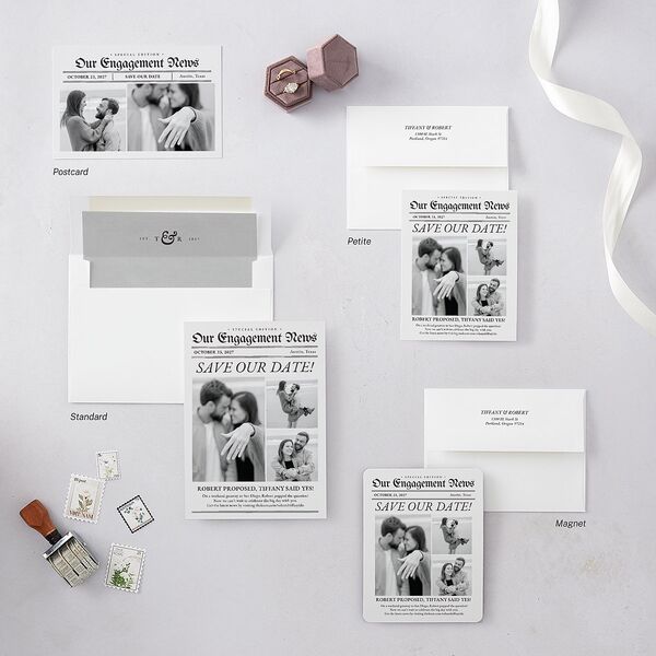 Newspaper Save the Date Postcards Pure White