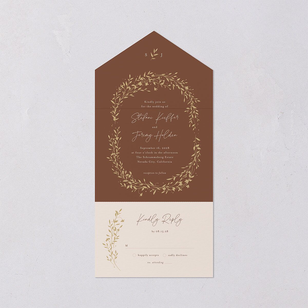 Oval Garland All-in-One Wedding Invitations Sepia Signature Light Both Recipient and Return Addresses No