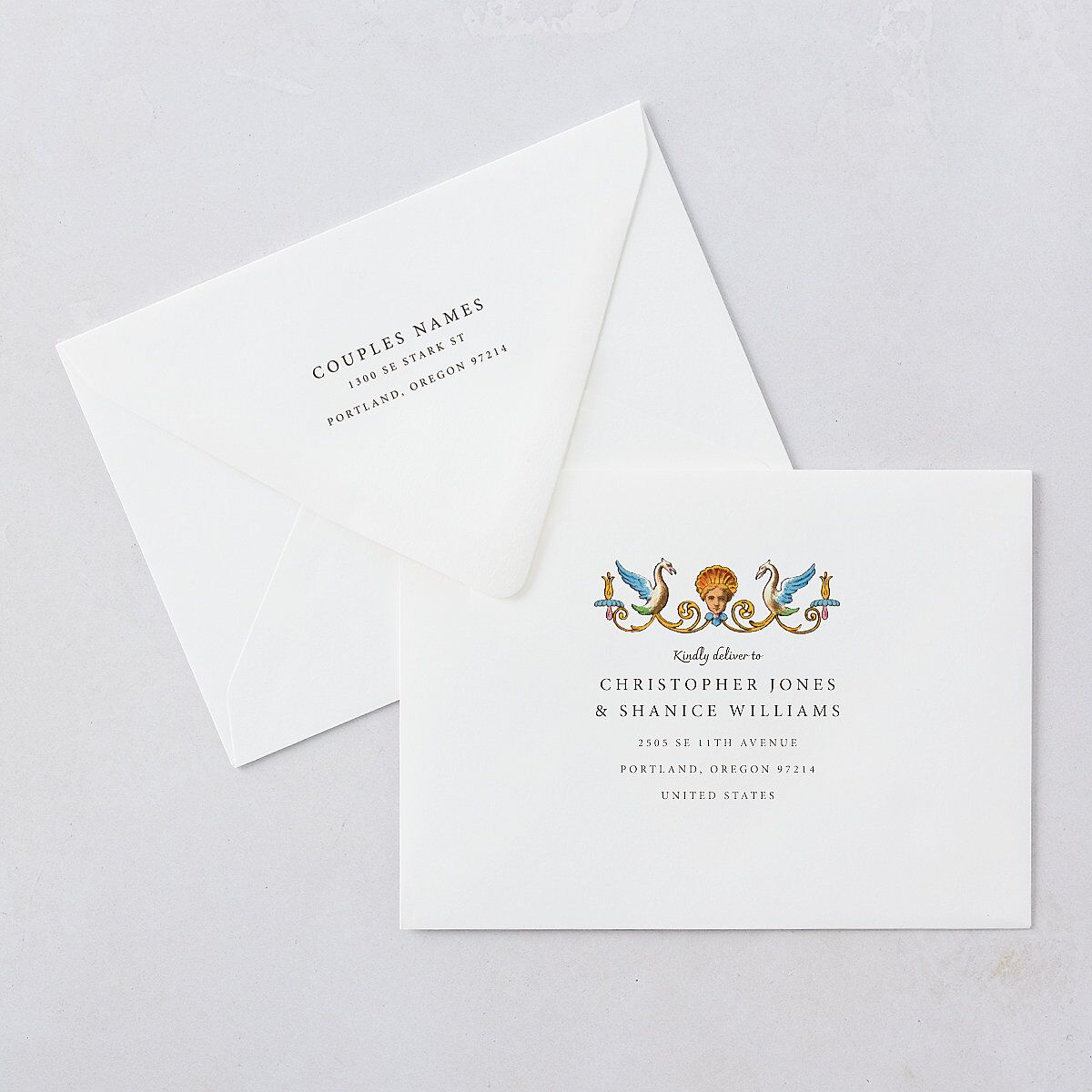 Medieval Renaissance Wedding Invitation Euro Envelopes Canary White Both Recipient and Return Addresses Luxe Signature