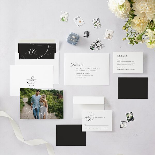 Opposites Attract Save The Date Cards Licorice Signature smooth Blank No