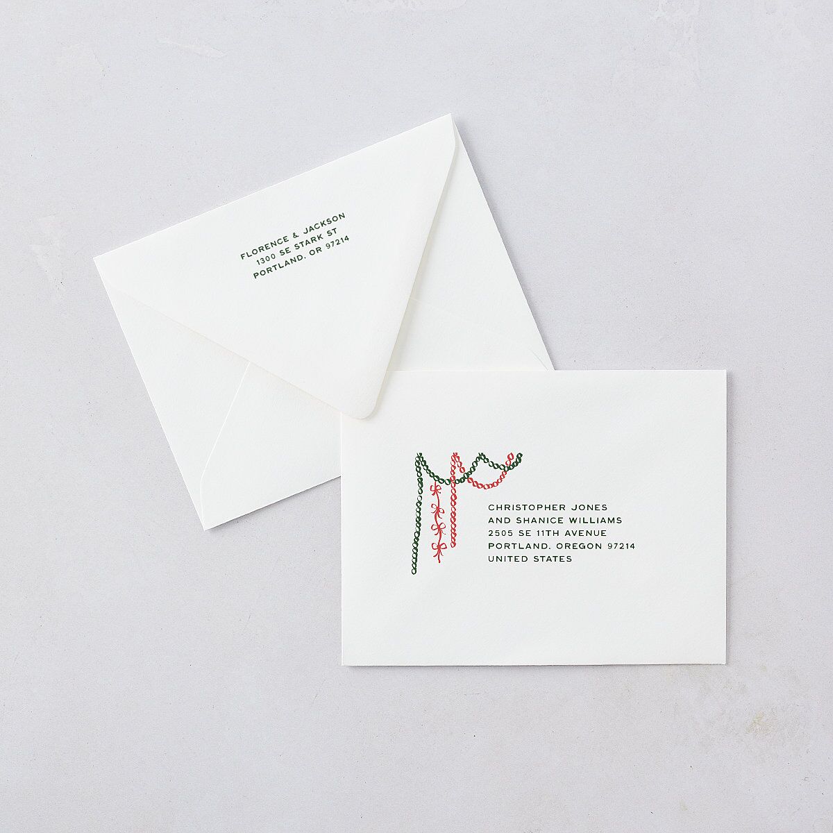 Happy Holidays Grid Pattern Photo Thank You Card Euro Envelopes White Hunter Green Both Recipient and Return Addresses Luxe Signature