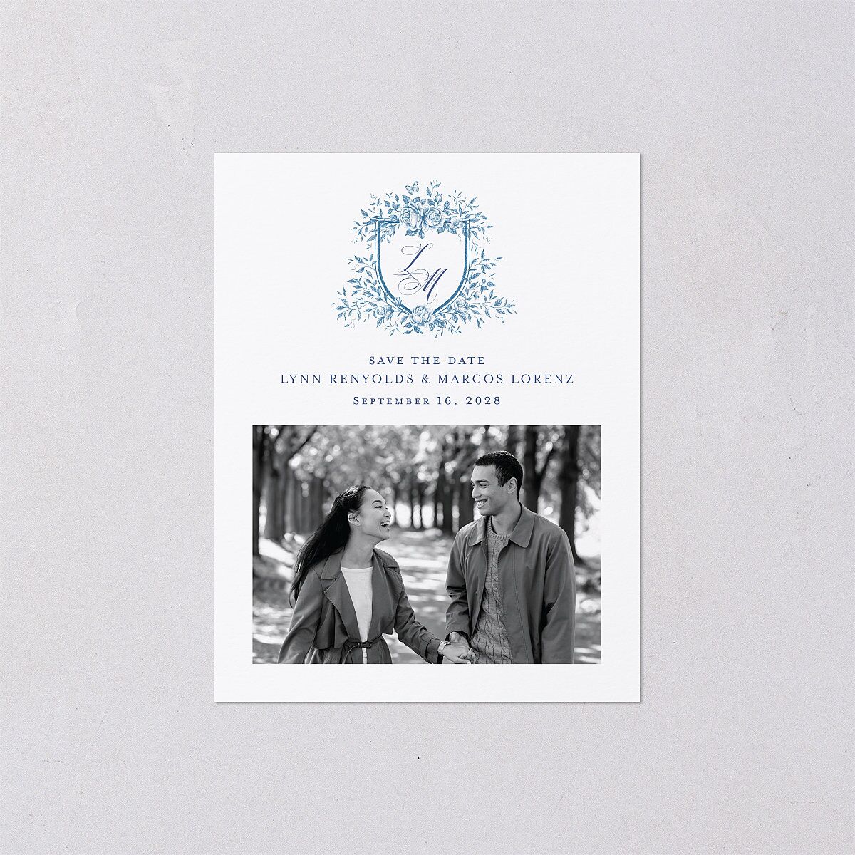 Rose Crest Photo Save the Date Petite Cards Regency Blue Signature smooth Blank No