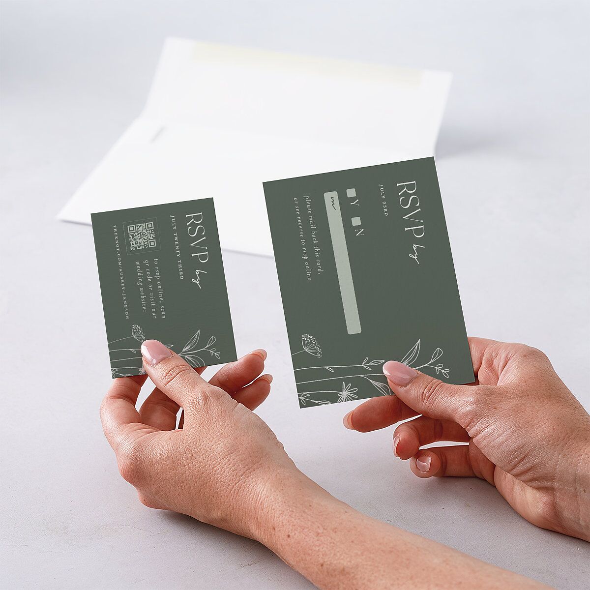 Simple Modern Wildflowers QR Code RSVP Cards Deep Olive Signature Standard