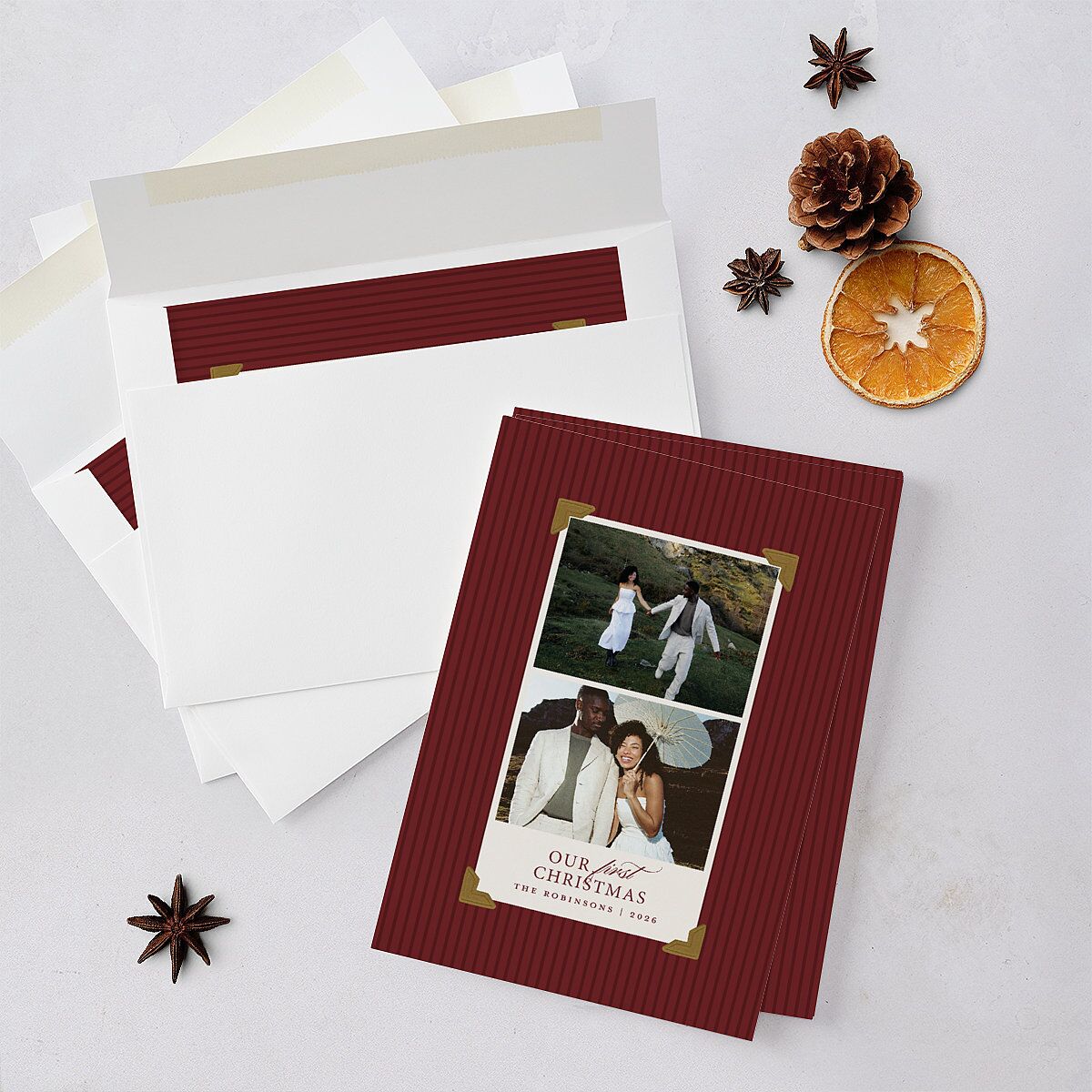 First Christmas Photo Album Holiday Cards Merlot Signature Blank Landscape Standard