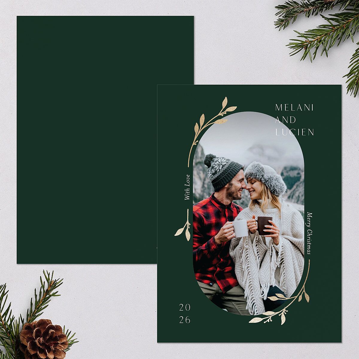Christmas Sprigs Holiday Cards Gold Dark Green Signature Blank Standard Portrait
