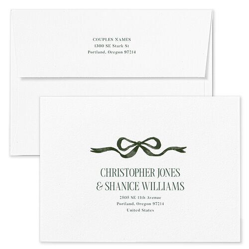 Whimsical Hand Drawn Bow Wedding Invitation Envelopes White Sage Both Recipient and Return Addresses Standard Signature