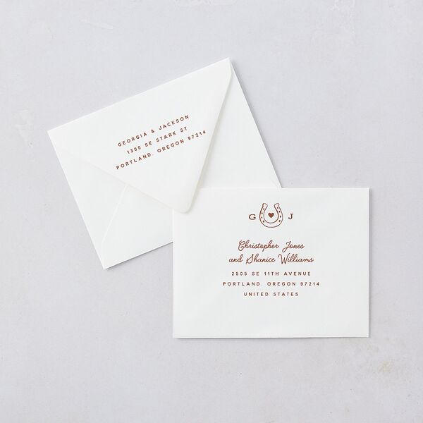 Western I Do BBQ Save the Date Magnet Euro Envelopes White Saddle Both Recipient and Return Addresses Luxe Signature
