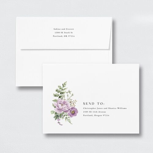 Fern Frame Wedding Invitation Envelopes White Standard Purple Petal Both Recipient and Return Addresses