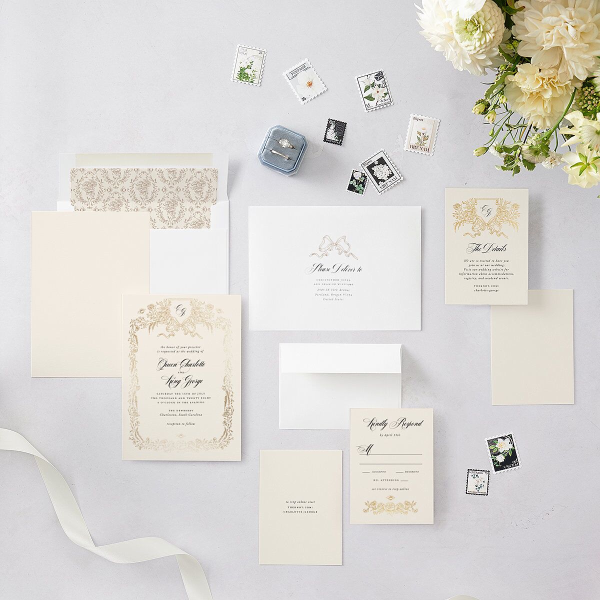 Rose Garden Crest Wedding Invitations by Bridgerton Gold Taupe Signature Blank No Standard
