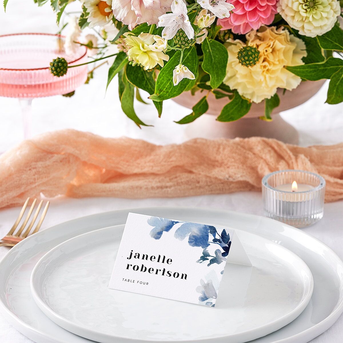 Watercolor Blooms Place Cards Midnight Navy Signature