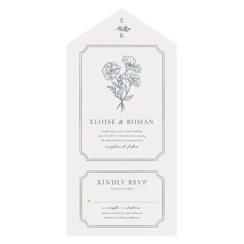 Vintage Botanical Sketch All-in-One Wedding Invitations Dusty Blue Signature Light Both Recipient and Return Addresses No