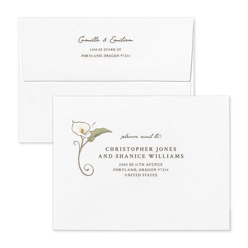 Calla Lily Nouveau Save the Date Magnet Envelopes Champagne Standard White Both Recipient and Return Addresses Signature