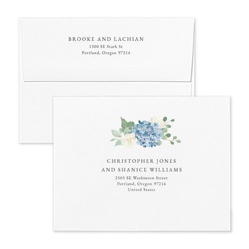 Elegant Hydrangea Bridal Shower Thank You Card Envelopes White Dusty Blue Both Recipient and Return Addresses Signature Standard