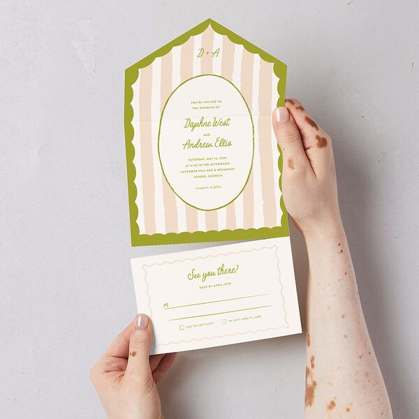 Eclectic Painted Stripes All-in-One Wedding Invitations Pear Signature Light Both Recipient and Return Addresses No
