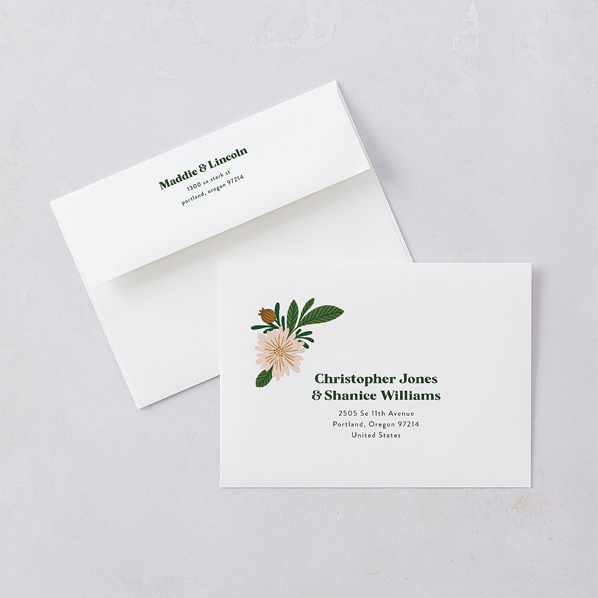 Retro Bloom Save The Date Card Envelopes White Scottish Green Both Recipient and Return Addresses Signature Standard