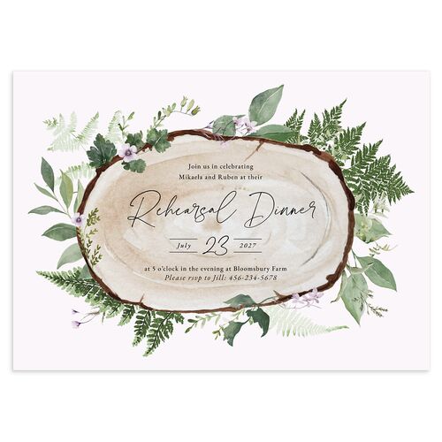 Fairytale Woodgrain Slab Rehearsal Dinner Invitations Purple Petal Signature Blank Standard