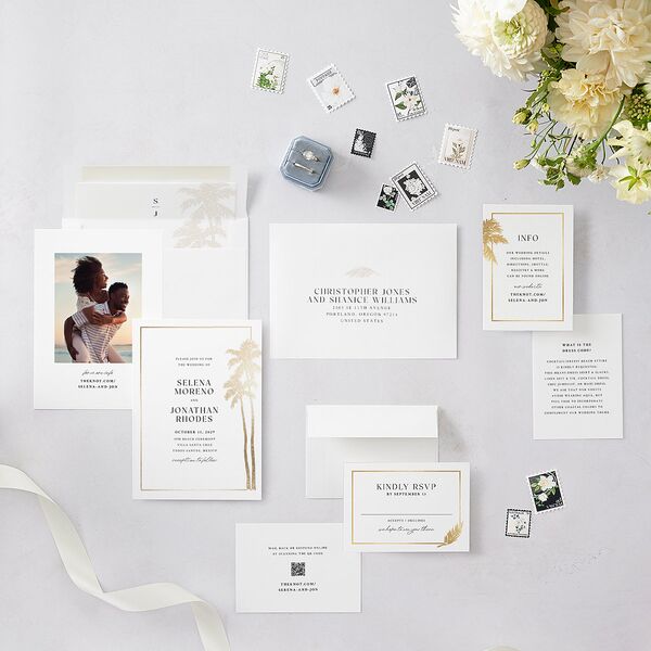Classic Palm Trees Foil Wedding Invitations Gold Pure White Signature Blank No Standard