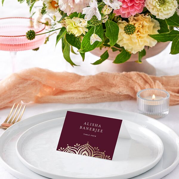 Indian Gilded Adornment Place Cards Gold Burgundy Signature