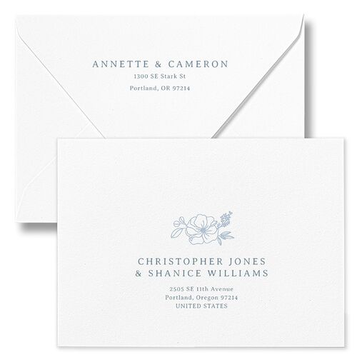 Floral Border Rehearsal Dinner Invitation Euro Envelopes White Dusty Blue Recipient Address Luxe Signature