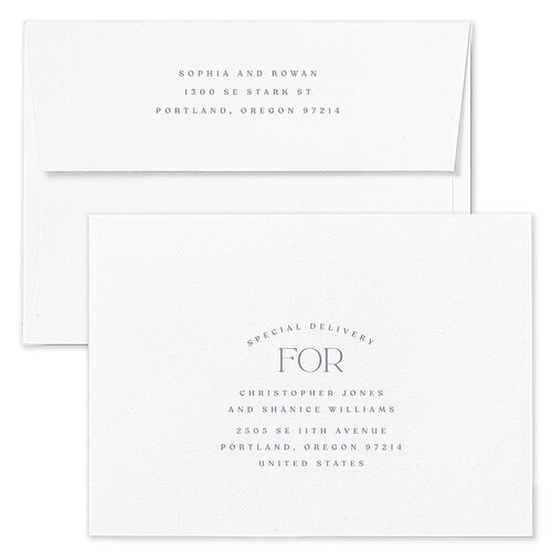 Classic Stack Save The Date Card Envelopes White Dusty Blue Both Recipient and Return Addresses Signature Standard