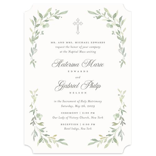 Religious Catholic Cross Greenery Wedding Invitations Cotton Signature Blank No Ticket
