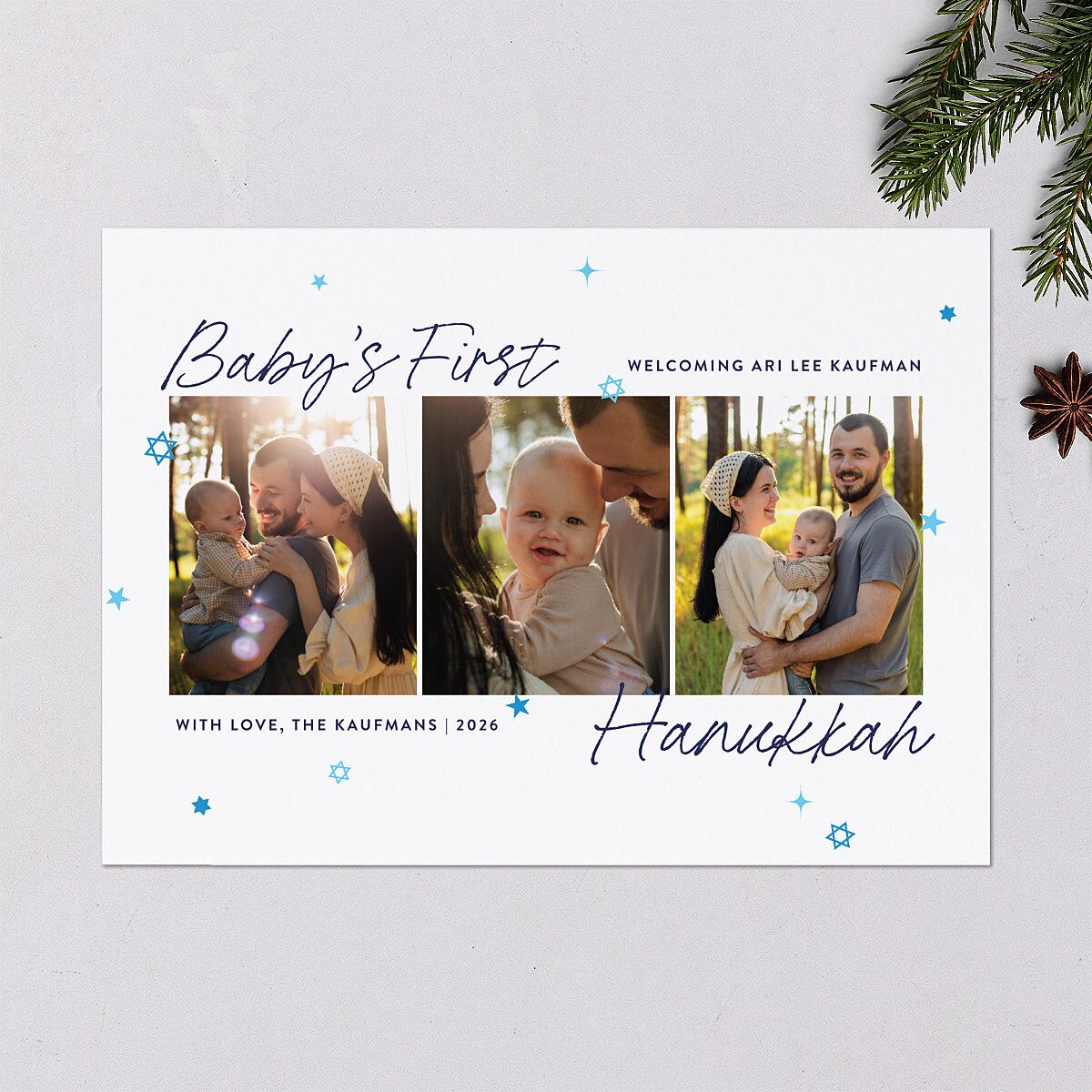 Baby's First Hanukkah Confetti Holiday Cards Pure White Signature Blank Standard Portrait