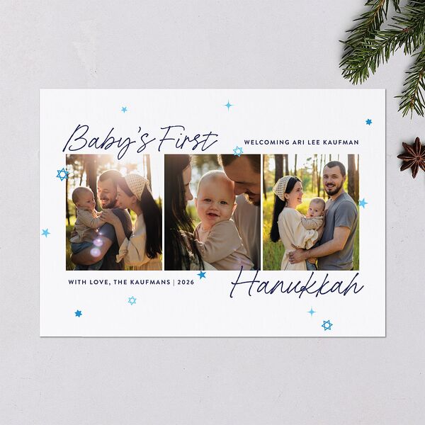 Baby's First Hanukkah Confetti Holiday Cards Pure White Signature Blank Standard Portrait