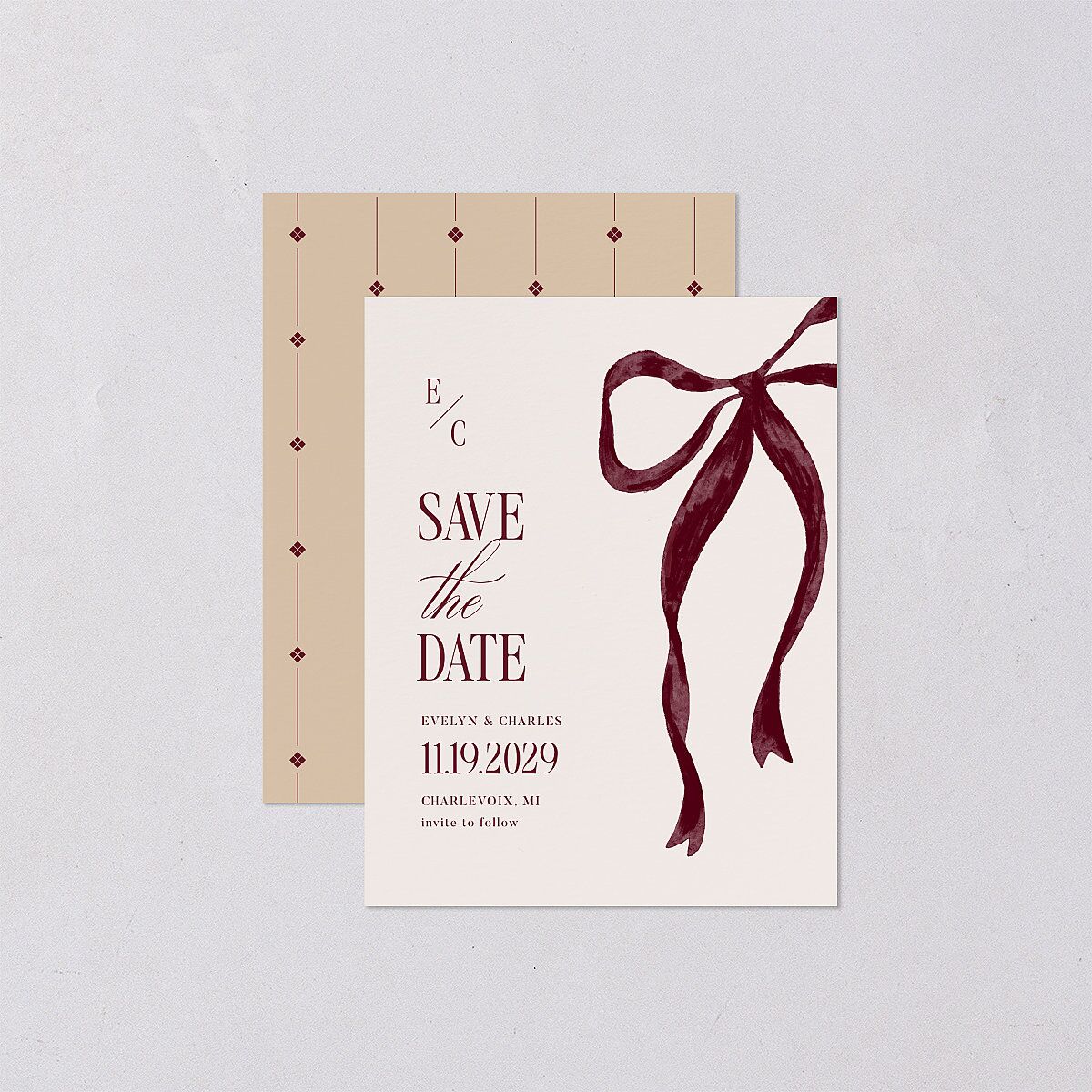 Whimsical Hand Drawn Bow Save the Date Petite Cards Burgundy Signature smooth Blank No Standard